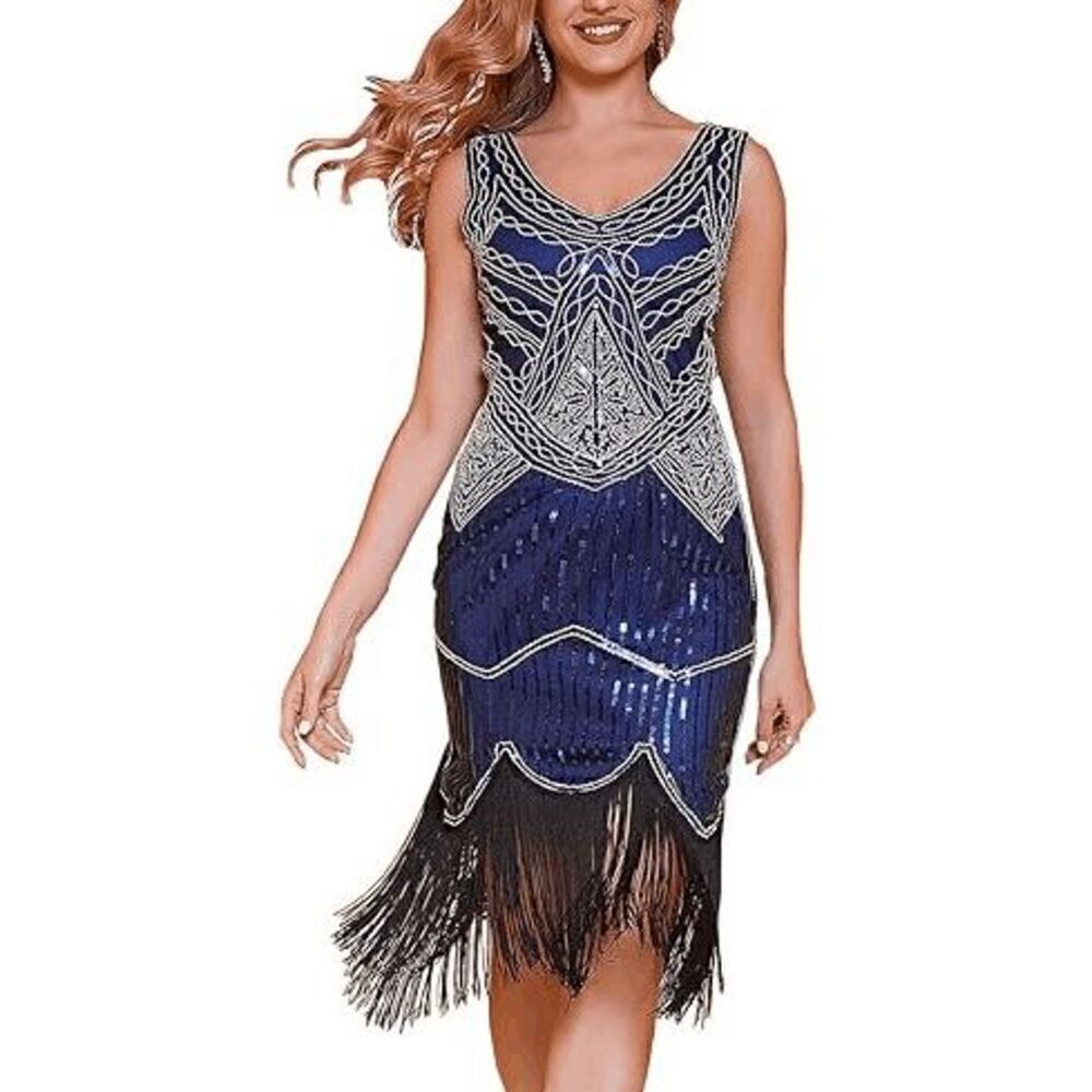 ✨💙 Flapper Great Gatsby 1920s Retro Tassel Fringe Sequin Blue Dress XL NWT
